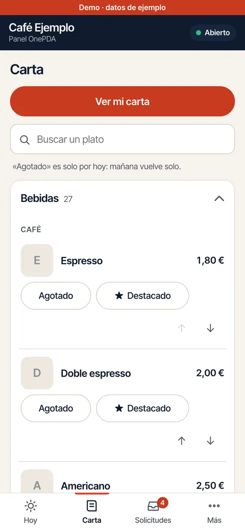Panel en el móvil: lista con precios y botones de edición