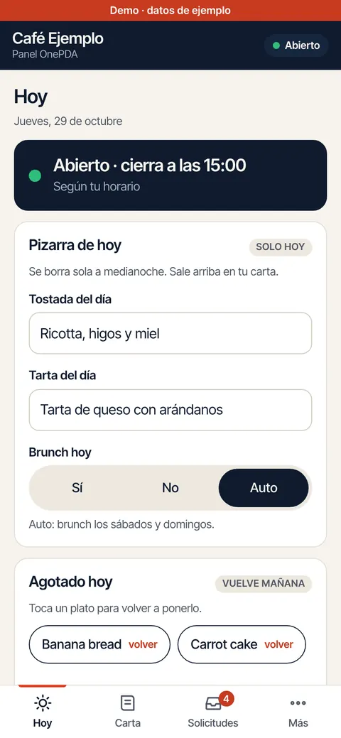 Panel en el celular: lo de hoy y platos agotados