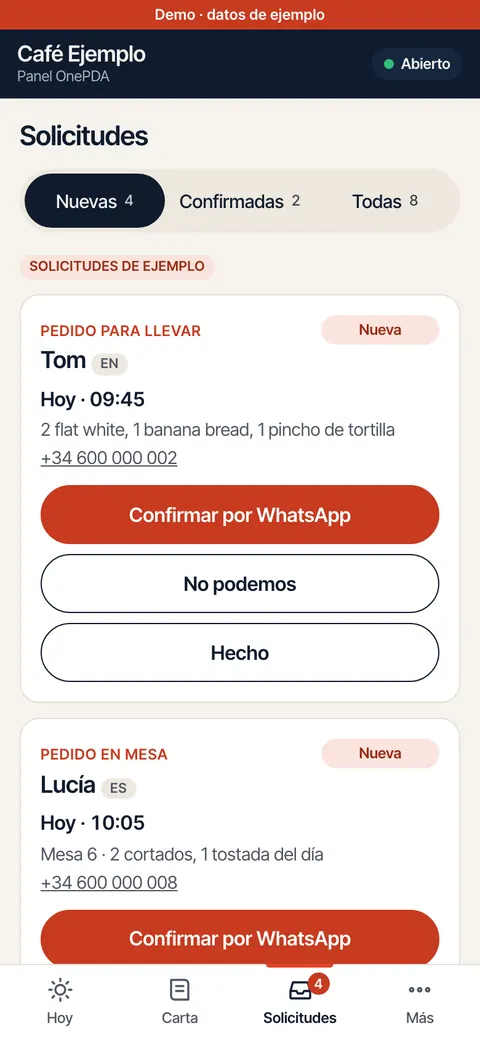 Panel en el celular: solicitudes de mesa