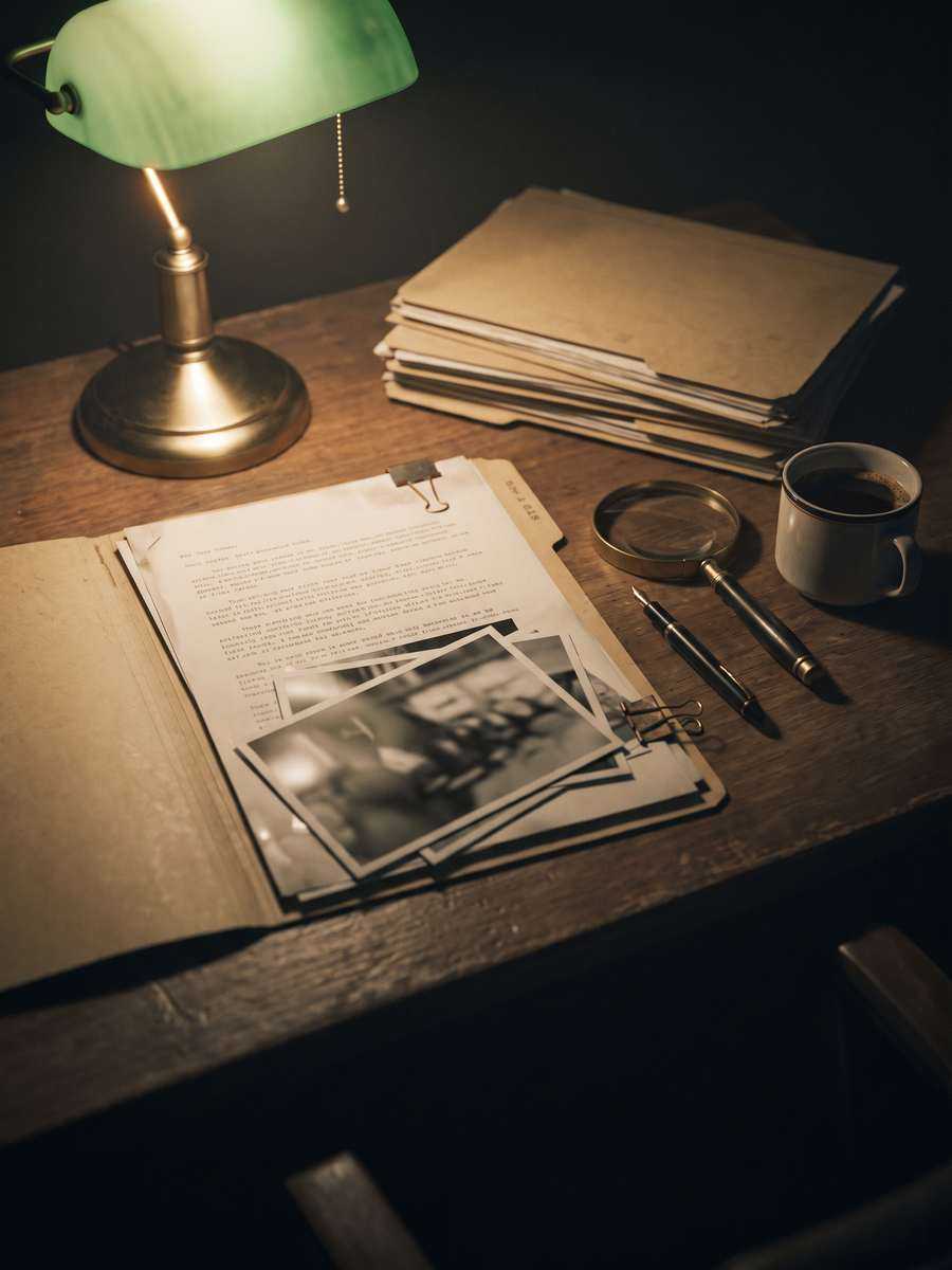 Escritorio de investigación con un expediente abierto, fotografías y una lupa bajo una lámpara