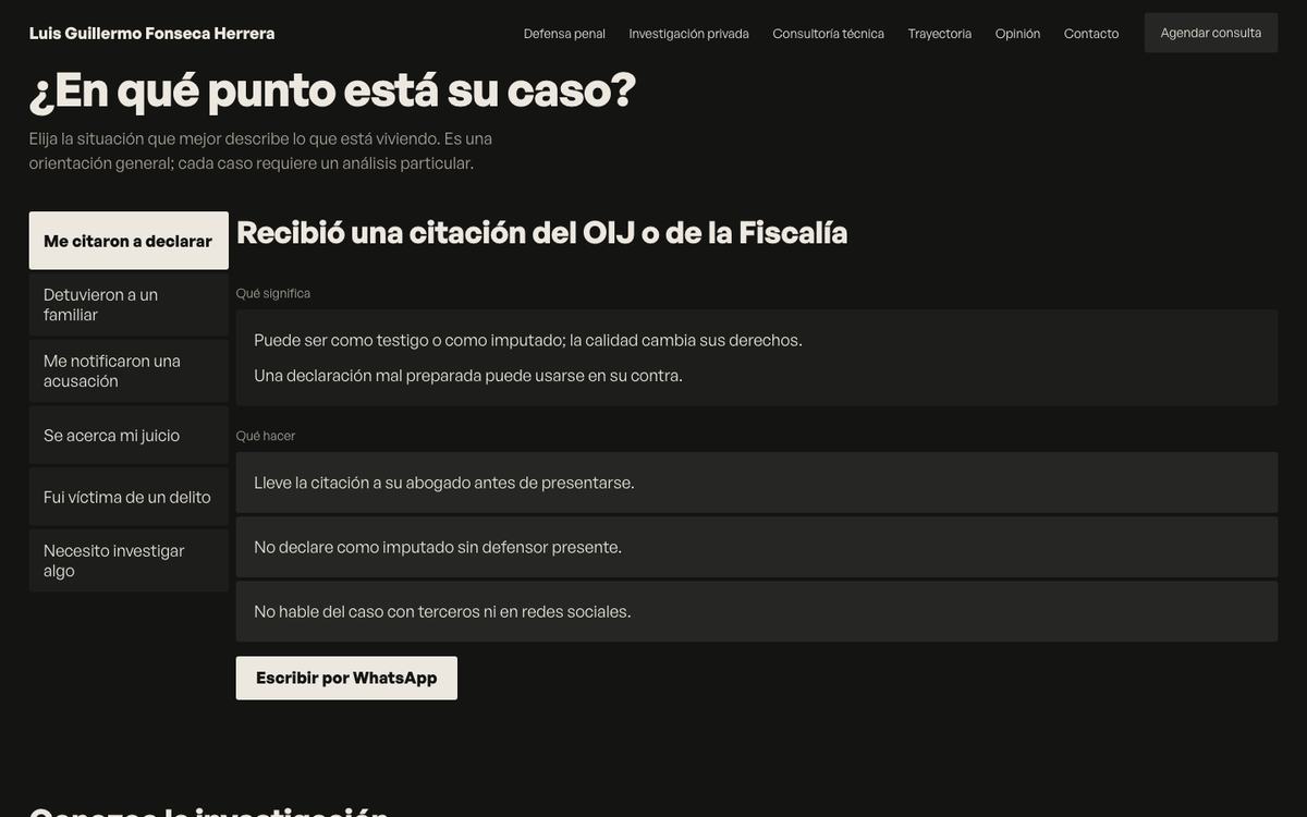 El selector "¿en qué punto está su caso?" en un ordenador
