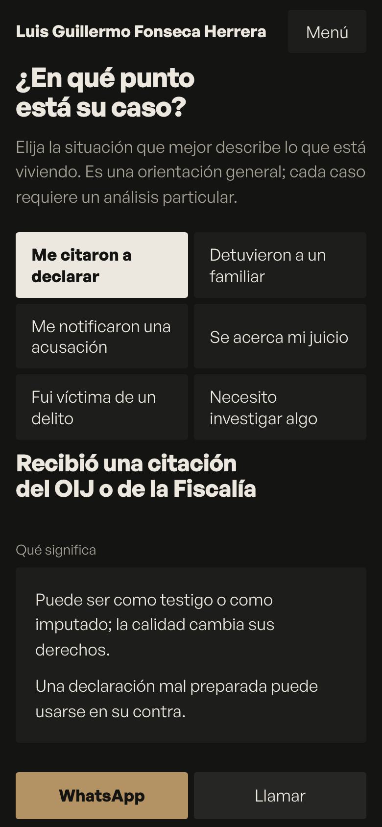El selector "¿en qué punto está su caso?" en un móvil