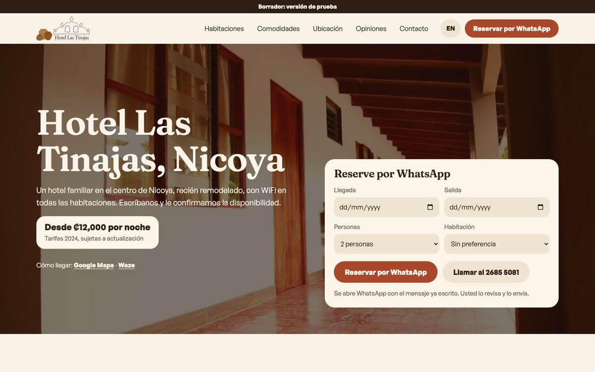 La página de inicio de Las Tinajas en un ordenador