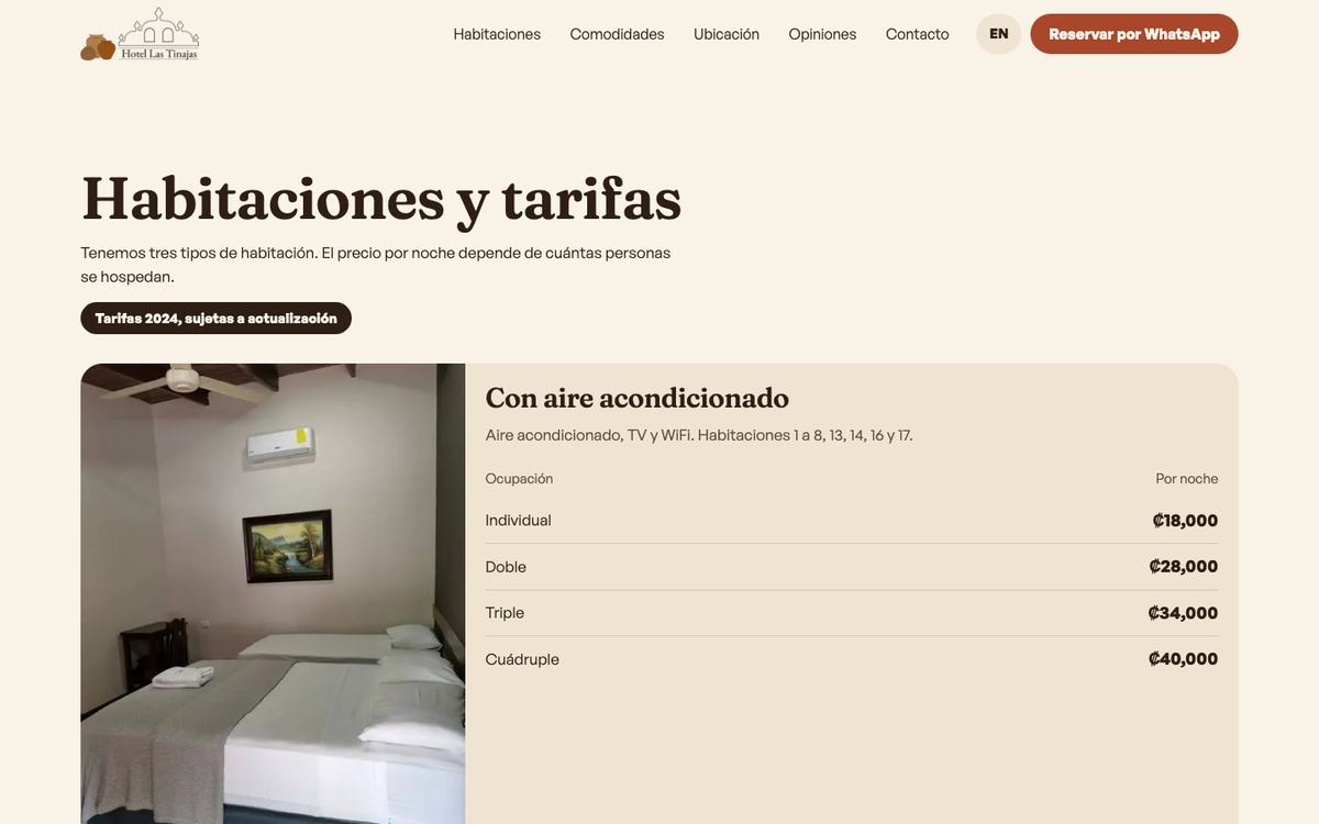 La sección de habitaciones y tarifas en un ordenador