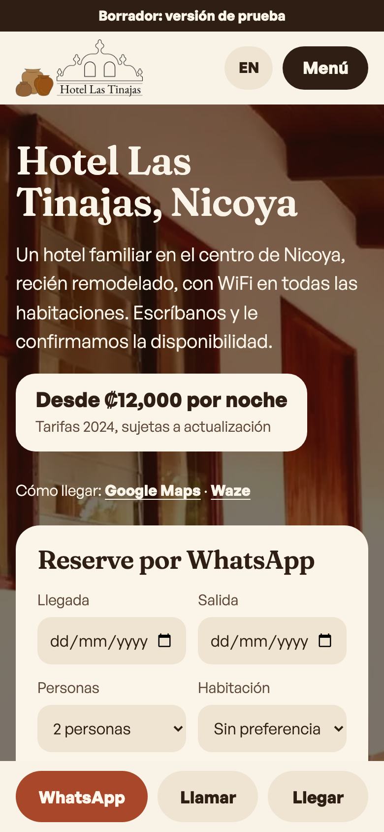 The Las Tinajas home page on a phone