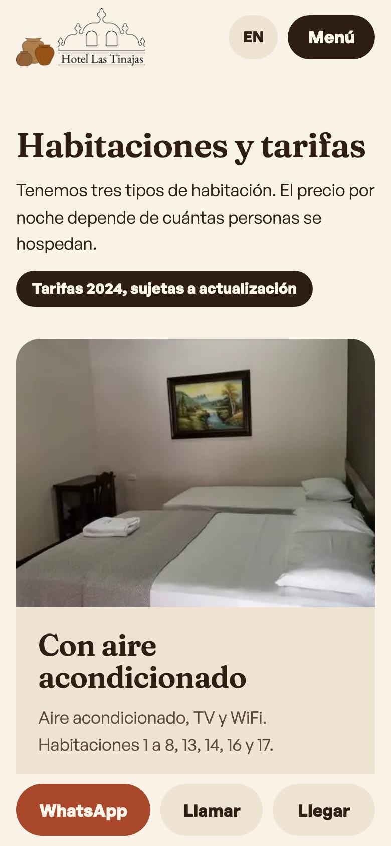 The rooms and rates section on a phone