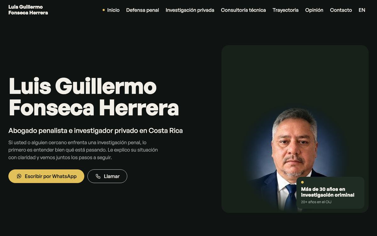 The home page of a criminal lawyer in Costa Rica on a desktop screen